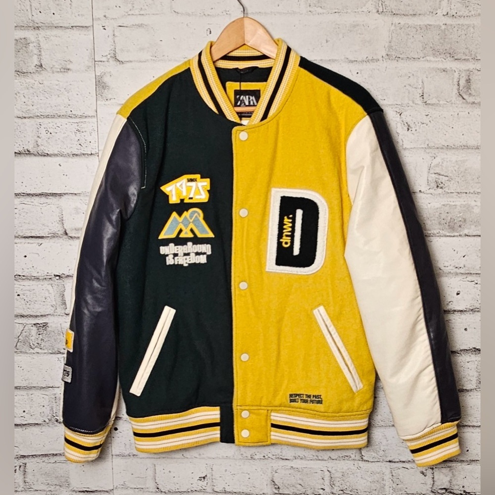 Zara Colorblock Varsity Jacket Wool Blend Faux Leather NWT Size Medium